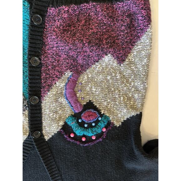 Vtg Jaclyn Smith Sweater Cardigan Sz Medium Black Sequin Floral Knit 80s Retro - Picture 3 of 12